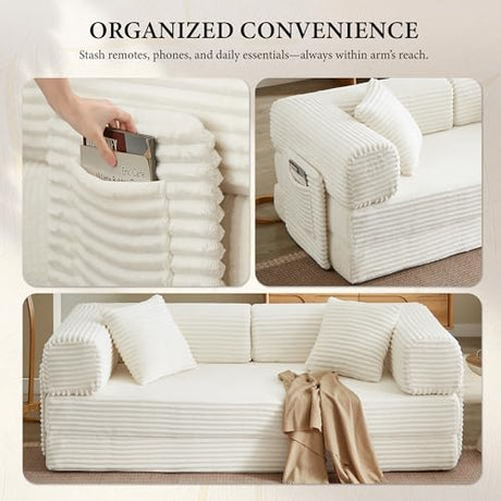 AUGOP Boneless Couch Folding Couches for Living Room Sofa, Futon Sofa Bed with Sleeper Sofa, Futon Couch with Fixed-Shape Oversized Corduroy Upholstered (White, 81 Inches) AUGOP