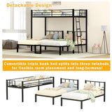 CXRCY Heavy Duty Triple Bunk Bed, Twin Over Twin Over Twin with Guardrails, Inclined Ladder & Storage, Detachable Metal Bunk Bed for 3, Converts to 3 Separate Twin Beds CXRCY