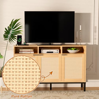 Rattan Tall TV Stand for Living Room,Tall Entertainment Center with Corrosion-resistant Metal Legs, 59" Mid Century Modern TV Stand with LED Lights, Storage Cabinet,Adjustable Shelf,Media Con - WoodArtSupply