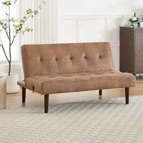 Anwick Convertible Futon Sofa Bed with Charging Port, 45″ Folding Sleeper Sofa, Adjustable Backrest, Small Couch for Living Room Small Spaces Or Office, Modern Loveseat (Coffee) Anwick
