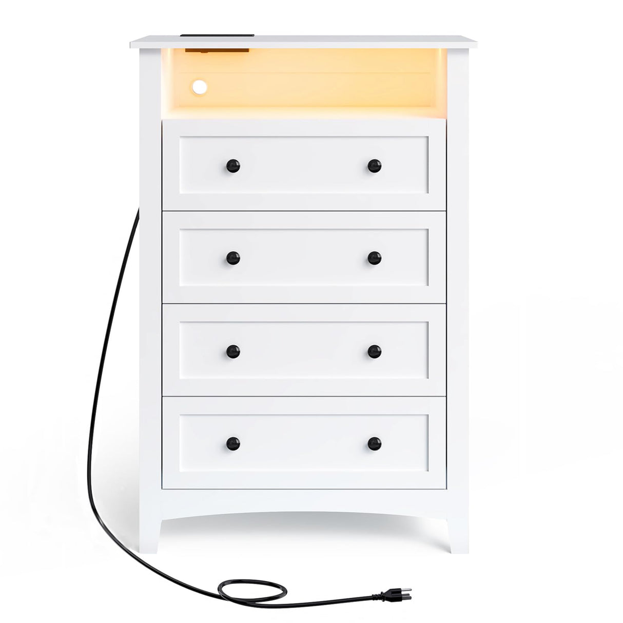 HAIOOU 4 Drawer Dresser with Open Storage Shelf, 47.4" Tall Chest of Drawers Vertical Wooden Clothing Organizer with Power Outlets and Ambiance Light for Bedroom, Closet, Hallway - Modern White HAIOOU