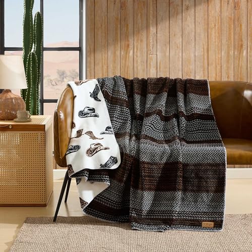 Wrangler - Twin Size Blanket, Super Soft & Reversible Plush Fleece Bedding, Throw Blanket for Couch or Bed (Nash Stripe Brown) Wrangler