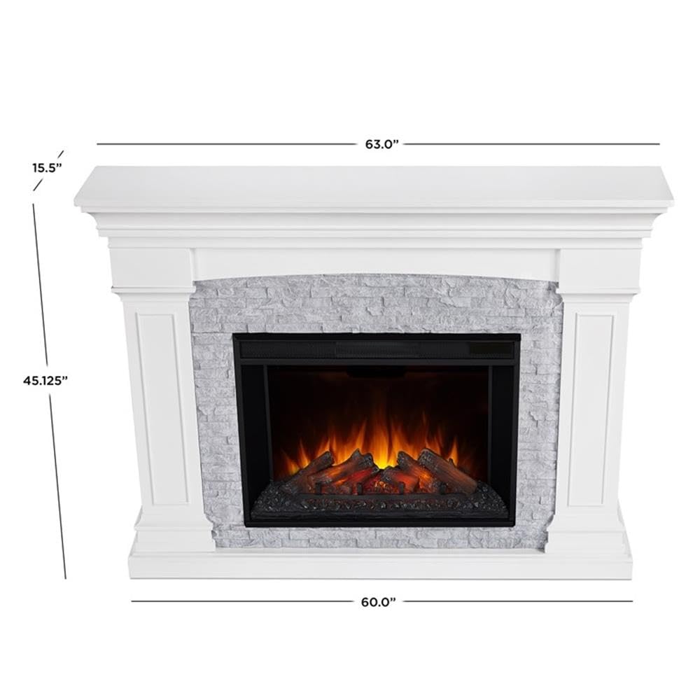Real Flame Deland Grand Electric Indoor Fireplace with Remote Control, Realistic Infrared Fireplace with Heater, White Real Flame