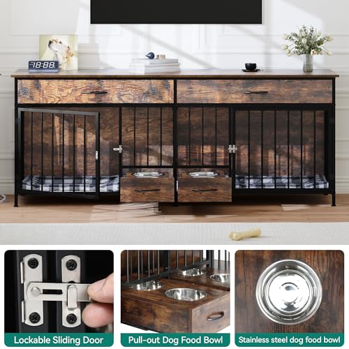 YITAHOME 74.8" Double Dog Crate Furniture with Dog Feeder, Heavy Duty Indoor Dog Kennel TV Stand with Drawers, Sturdy Dog Kennel with Divider for 2 Medium Large Dogs, Brown YITAHOME