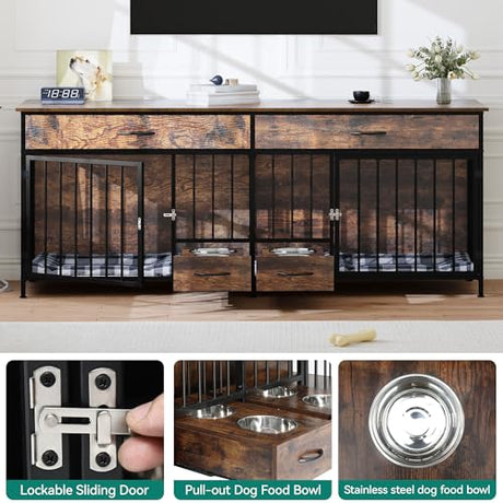 YITAHOME 74.8" Double Dog Crate Furniture with Dog Feeder, Heavy Duty Indoor Dog Kennel TV Stand with Drawers, Sturdy Dog Kennel with Divider for 2 Medium Large Dogs, Brown YITAHOME