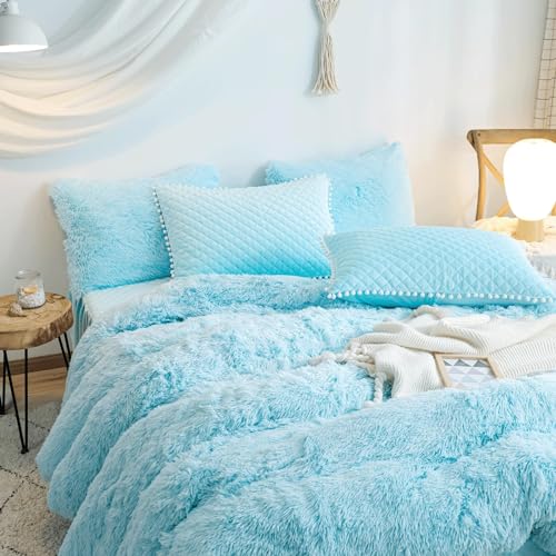HAIHUA Plush Blue Comforter Cover Twin Set, Furry Blue Girls Twin Bedding Set 2 Pieces (1 Shaggy Duvet Cover + 1 Faux Fur Plush Pillow Cases) Girls Fuzzy Bed Set, Fluffy Bed Set, Zipper Closure HAIHUA