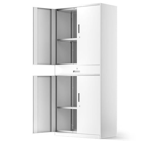 Athena Collection 4 Tier Metal Storage Cabinet with Drawer, 71" Garage Storage Cabinet with Adjustable Shelves, Lockable File Tool Tall Cabinet for Home Office Garage, White Athena Collection