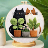 Zhenqing Cats and Potted Plants Embroidery Kit for Beginners, Pre-Printed 29x29cm Cotton Fabric with 20cm Hoop, Cute Cat Duo Design for Home Decor(JC0010)