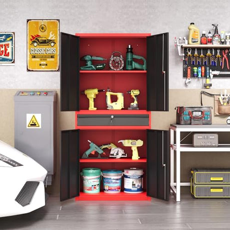 LISSIMO Metal Garage Storage Cabinet with Locking Doors and Drawer, 71" Steel Tool Storage Cabinet with Adjustable Shelves for Garage,Office,Warehouse (Red Black) LISSIMO