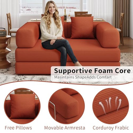 BSHOMGI Folding Sofa Bed, 4 in 1 Convertible Sofas to Lounger Comfy Single Bean Bag Chair Floor Portable Foldable Sleeper Lazy Futon Couch Chair for Bedroom, Living Room (Orange, 53.15" Double Sofa) BSHOMGI
