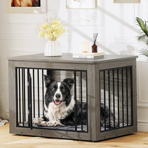 YITAHOME Dog Crate Furniture for Large Dogs, Side End Table, Modern Dogs Kennel Indoor up to 60 lb, 2-in-1 Iron-Wood Fusion Dog Cage with Waterproof Top, Safety Corners, Steel Lock,38" L,Grei - WoodArtSupply