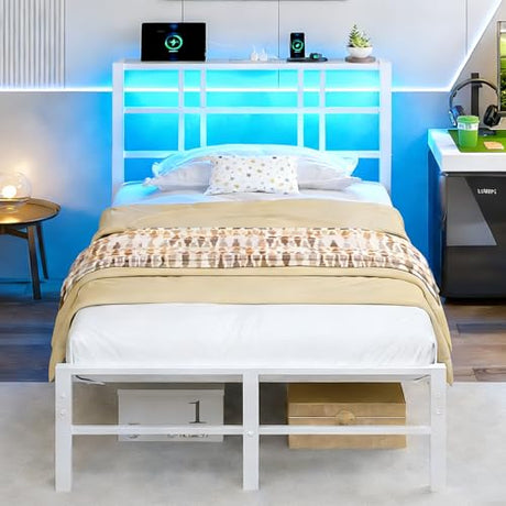 VINGLI Twin Bed Frame with Storage Headboard, LED Lights, and Charging Station, Single Metal Platform Pannel Bed with Wooden Storage Shelf, Underbed Storage Space, Apartement, White VINGLI