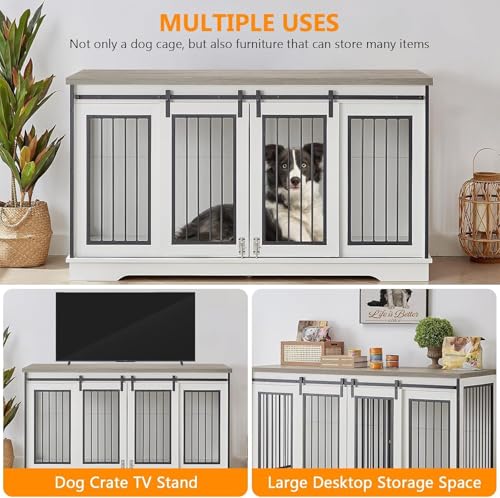 Yafylly 60.6"‌ Double Dog Crate Furniture, Heavy Duty Dog Kennel with Divider, Durable Dogs Crate as TV Stand with Sliding Door, XXL Wooden Dog Kennel for 2 Dogs (White Yafylly