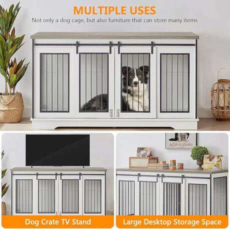 Yafylly 60.6"‌ Double Dog Crate Furniture, Heavy Duty Dog Kennel with Divider, Durable Dogs Crate as TV Stand with Sliding Door, XXL Wooden Dog Kennel for 2 Dogs (White Yafylly