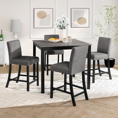 KEIKI 5-Piece Counter Height Dining Table Set with Square Table and 4 Upholstered Curved Backrset Chair, for 4 Person, Modern Wooden Table Set, Easy Assembly, for Kitchen, Dining Room, Black+Gray KEIKI