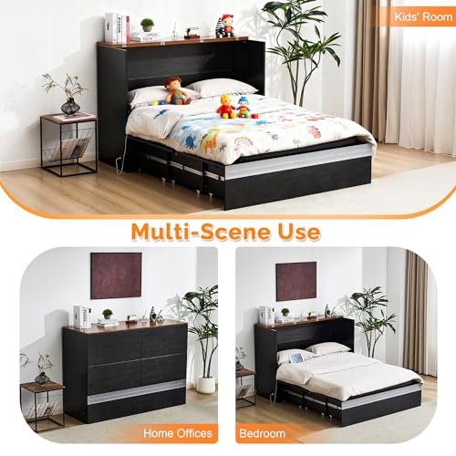 VINGLI Full Size Murphy Bed with Storage Drawer,Smart LED Lighting,Built-in 2 Charging Stations, Space-Saving Cabinet Bed for Kids,Adults & Guests,Classic Black VINGLI
