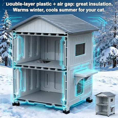 Weatherproof Outdoor Insulated Cat House for Feral Multi Cat, 2 Storey Plastic Elevated Cat Shelter with Escape Door, Easy Assemble, Expansive Interior‌ Grey 34" D x 21" W x 21.5" H HiCaptain