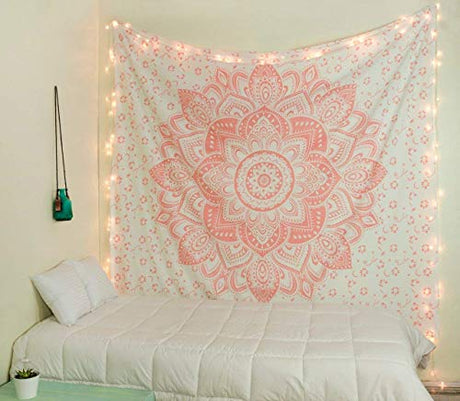 raajsee Metallic Rose Gold Tapestry Pink Mandala Wall Hangings, Indian Cotton Beach Throw Blanket, Hippie Tapestries Boho Decor Bohemian Bedding,Twin Bedspread 52x82 inches Yoga Mat Rugs raajsee
