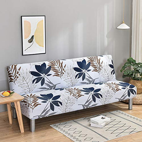 MIFXIN Futon Slipcover Armless Folding Sofa Cover Stretch Elastic Couch Furniture Protector for 3 Seat Foldable Futon Sofa Bed Without Armrests (Blue Maple Leaf) MIFXIN