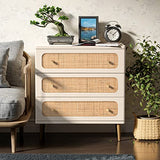 LONYKE Wicker Rattan Chest of Drawers, 3-Drawer Dresser, White Finish Wooden Storage Cabinet, Modern Farmhouse Accent Table, Boho Mid-Century Coastal Sideboard LONYKE