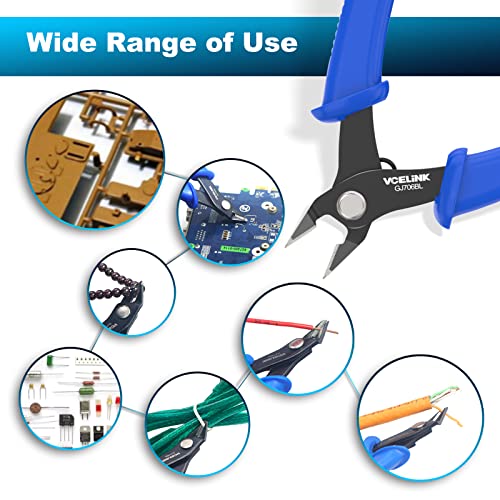 VCELINK Small Wire Cutter Spring-loaded GJ706BL, Precision Flush Cutter Pliers Diagonal Cutters for Electronics, Jewelry Making, Model Craft and 3D Printer, 5-Inch VCELINK