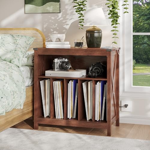 ChooChoo Large Record Player Stand with Charging Station & LED Light, Vinyl Record Holder hold up to 300 Albums, Farmhouse End Table for Bedroom, Living Room, Walnut ChooChoo