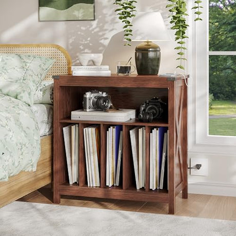 ChooChoo Large Record Player Stand with Charging Station & LED Light, Vinyl Record Holder hold up to 300 Albums, Farmhouse End Table for Bedroom, Living Room, Walnut ChooChoo