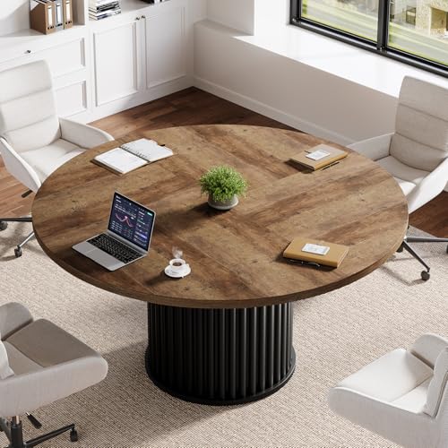 Tribesigns 47-Inch Round Conference Table, Meeting Table for 4-6 People, Small Office Desk with Sturdy MDF + Metal Base, Perfect for Conference Room or Small Workspaces, Brown + Black Tribesigns
