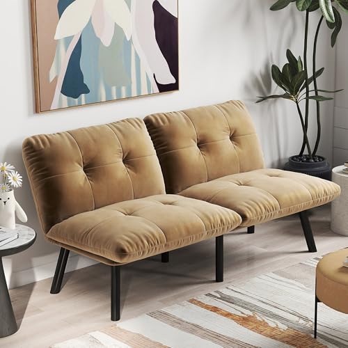63" Convertible Futon Sofa Bed,Comfy Velvet Cloud Couch Bed with 4 Reclining Backrest,Modern Small Sleeper Loveseat for Living Room Home Office (Brown) Majnesvon