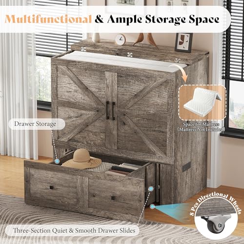 AMERLIFE Twin Murphy Bed Cabinet with Charging Station and Storage Drawer, Farmhouse Foldable Platform Bed for Home Office, Apartment, Small Spaces, Rustic Grey AMERLIFE