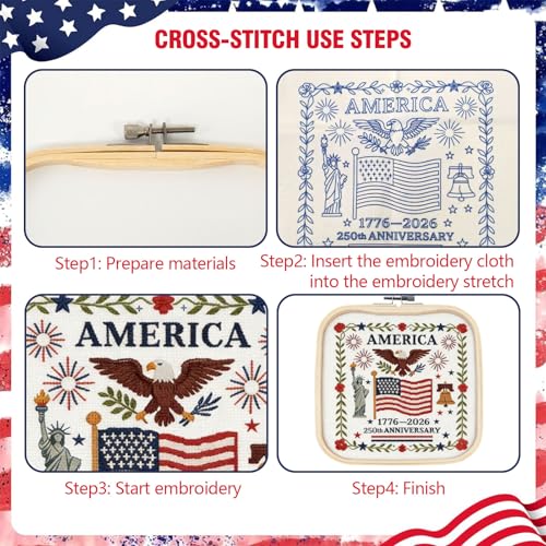 US 250th Anniversary Embroidery Kit, Patriotic Cross Stitch Kits, DIY Embroidery Kits for Adults with 1776-2026 Flag Pattern, 20cm Hoop, Threads, Needles & Instructions for Veterans Military Fans