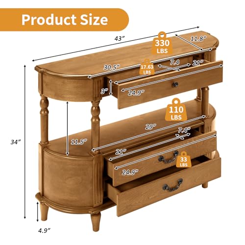 BFJDM 43" Retro Curved Console Table with Drawers, Solid Wood Half Moon Console Table Entry Sofa Table with Storage with Solid Pine Roman Legs Open Shelf for Small Spaces Living Room,Brown BFJDM