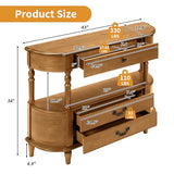 BFJDM 43" Retro Curved Console Table with Drawers, Solid Wood Half Moon Console Table Entry Sofa Table with Storage with Solid Pine Roman Legs Open Shelf for Small Spaces Living Room,Brown BFJDM