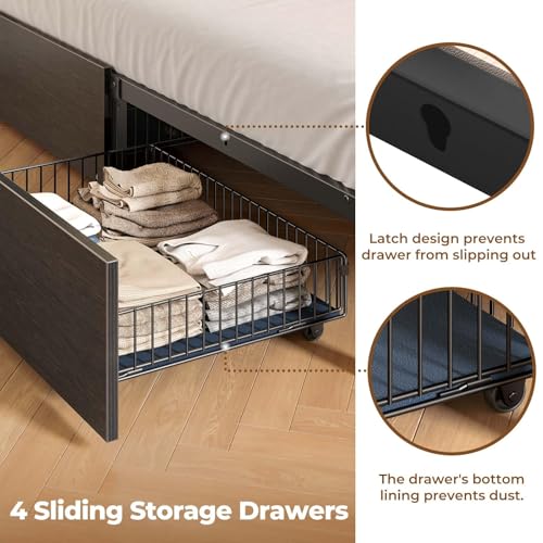 Rolanstar Twin Bed Frame with Storage Headboard & 4 Drawers, Metal Platform Bed with Charging Station, LED Single Bed with Side Shelf, No Box Spring Needed, Easy Assembly, Black Rolanstar