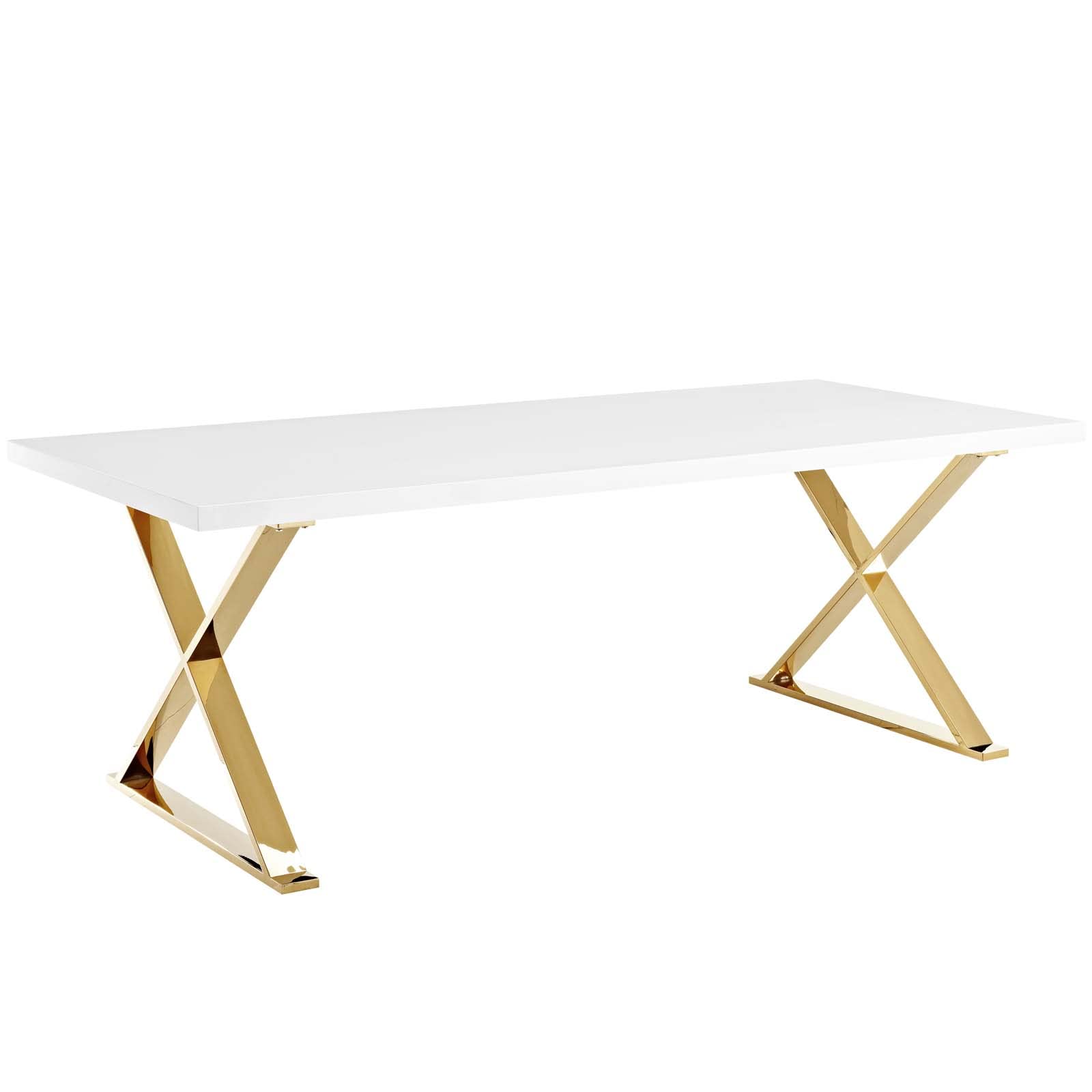 Modway Sector 87" Modern Dining Table with Gold Stainless Steel Metal X-Base in White Gold - WoodArtSupply