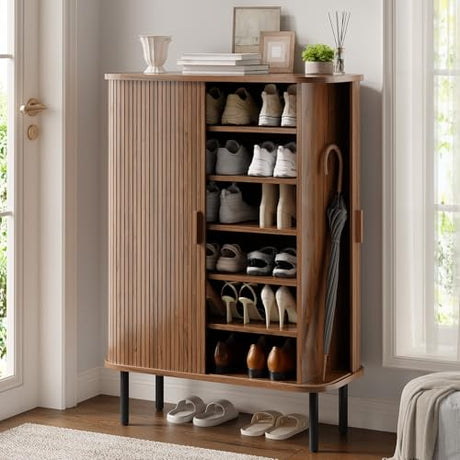 ONBRILL 6-Tier Shoe Cabinet with Sliding Door, Wooden Shoe Storage Cabinet with Adjustable Shelves, Mid-Century Modern Freestanding Shoe Storage Organizer for Entryway, Hallway, Living Room, Walnut ONBRILL