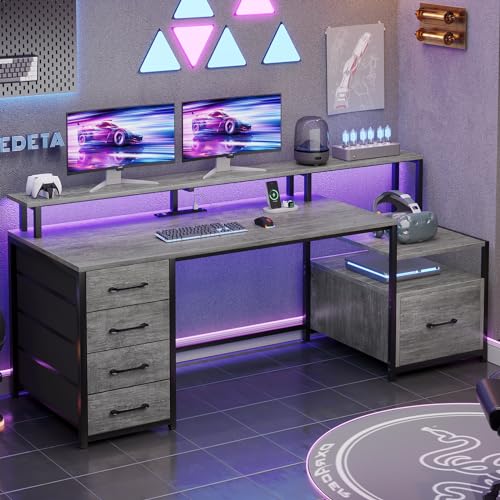 SEDETA Home Office Desk with File Drawer & Power Outlet, 66'' Computer Desk with 5 Drawer, Storage Shelves, Printer Cabinet and Monitor Shelf, Gaming Desk with Led Lights, Grey - WoodArtSupply