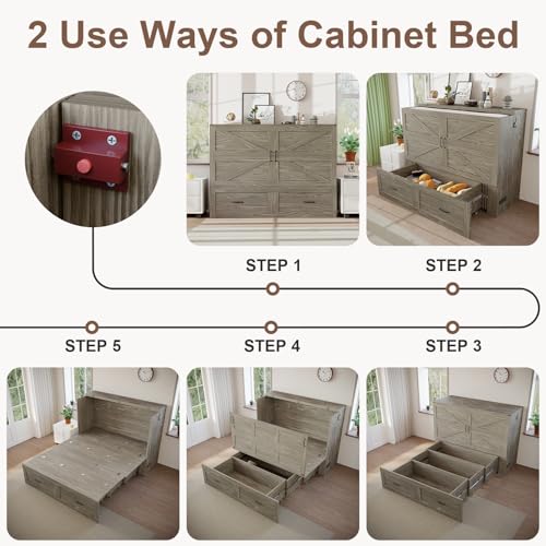 KCGKCG Full Size Murphy Bed with Storage & Charging Station, Murphy Cabinet Bed with Large Drawer for Guest Bedroom, Living Room, Office or Small Room, Full Foldable Platform Bed (Grey, Full) KCGKCG