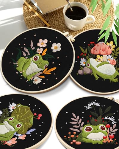 TINDTOP 4 Pack Embroidery Kit for Adult, Embroidery DIY Starter Kit, with Stamped Patterns, Hoop, Tools, Colorful Threads with Needles, Instructions TINDTOP