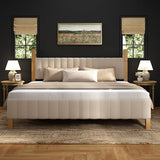 Yechen King Size Bed Frame, Wood Bed Frame with Upholstered Headboard, Solid Wood Posts and Feet, No Box Spring Needed, Beige Linen Yechen