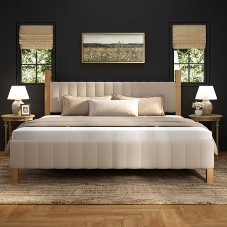 Yechen King Size Bed Frame, Wood Bed Frame with Upholstered Headboard, Solid Wood Posts and Feet, No Box Spring Needed, Beige Linen Yechen