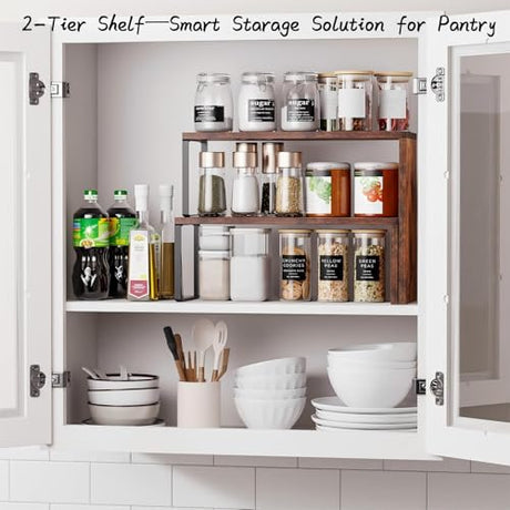 Vfelf Kitchen Countertop Organizer, Spice Rack Cabinet Organizer Shelf Stackable Counter Corner Shelves Organization and Storage for Pantry, Counter top, Coffee Station Wood Rustic Brown Vfelf