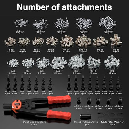 WelderElite Dual-Function Rivet Nut Tool Rivet Gun Kit Including 405 pcs Rivet Nuts Blind Rivets 15 Mandrels 5 Rivet Nozzles, Multi-Purpose - WoodArtSupply