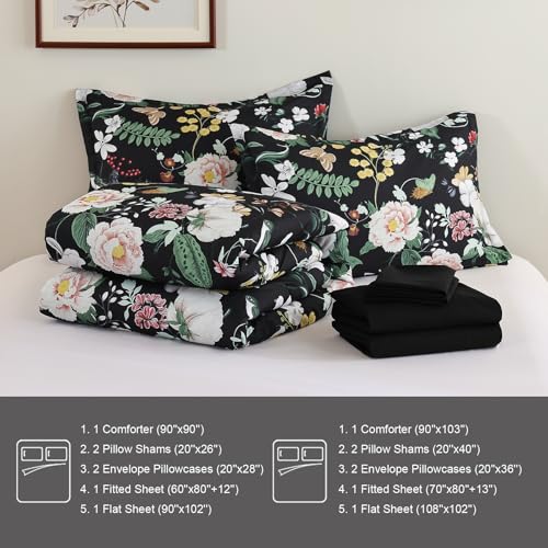 Anibedding 7Pieces Floral Queen Size Comforter Set, Garden Plant Flower Style Bed in a Bag Black White Bedding Comforter Set with Pillow Case for Bedroom Anibedding