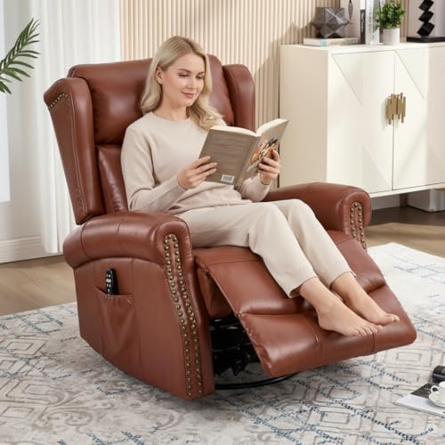 PELUMY Genuine Leather Swivel Rocking Recliner Chair for Adults, 360° Swivel Glider Rocker with Heat & Vibrating Massage, Lounge Chair for Living Room, Bedroom, Nursery (Tangerine-Red Brown)