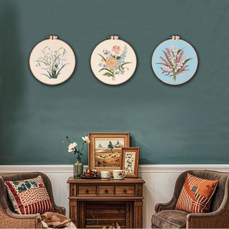 Myfelicity Embroidery kit for Adults and Beginners, Includes 3 Floral Pattern Fabrics, 3 Embroidery Hoops, Embroidery Floss and Other Tools. Myfelicity