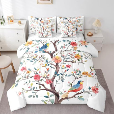 Erosebridal Branches 7 Piece Bedding Set Twin Size Colorful Birds Bed in A Bag Blue Red Vintage Flowers Petals Comforter with Sheets Romantic Girly Style Bed Sets Erosebridal
