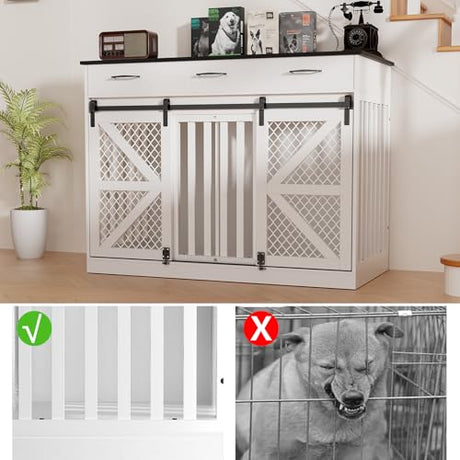 kepptory 48 Inch Large Dog Crate Furniture with 3 Storage Drawers, Wooden Pet Kennel with Removable Divider, Dog Kennel End Table TV Stand, Farmhouse Style Dog Crates with Sliding Barn Door (White) kepptory