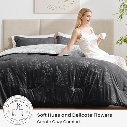 Love's cabin King Size Comforter Set Black - King Comforter Set, 3 Pieces Cute Floral Bedding Sets for All Seasons,1 Soft Reversible Botanical Flowers Comforter and 2 Pillow Shams Love's cabin