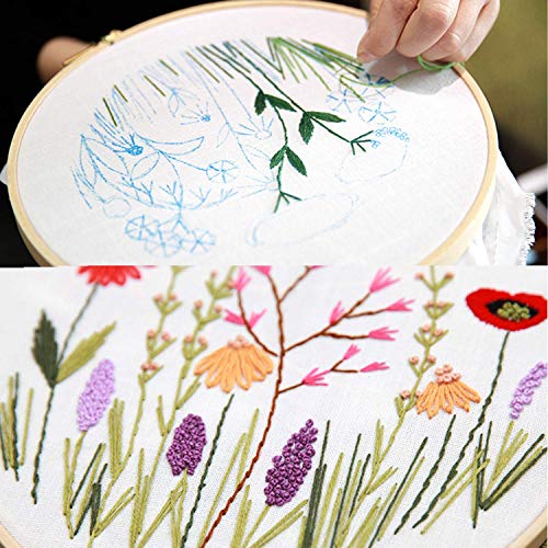 Kissbuty Embroidery Starter Kit with 3 Pcs Fabric & Patterns, Bamboo Hoop, Color Threads Tools (Plants Flowers)